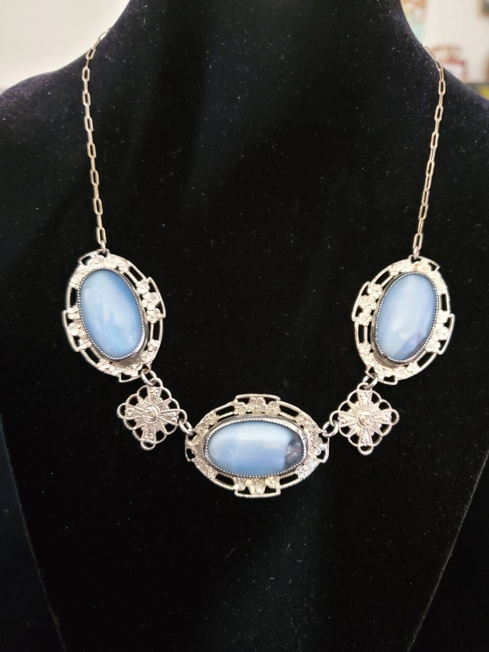 Vintage Art Deco Baby Blue Art Glass Necklace, Floral Silver Tone